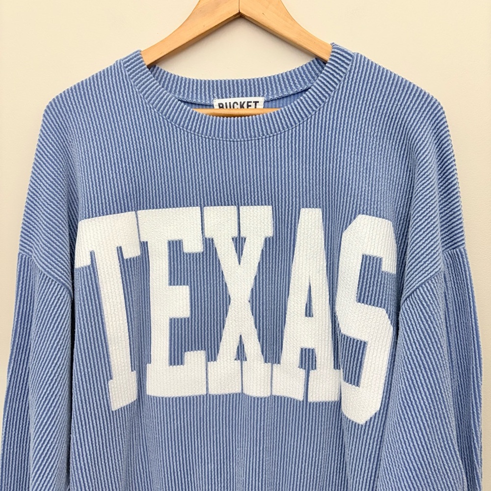 Bucketlist Texas Sweatshirt Rib Cord Comfy Graphic denim‎ blue Size L - Picture 3 of 10
